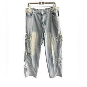 Distressed Star appliqué wide leg jeans